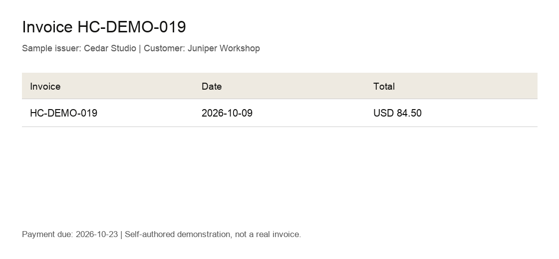 Self-authored invoice HC-DEMO-019 for Juniper Workshop, dated October 9, 2026, totaling USD 84.50 and due October 23.